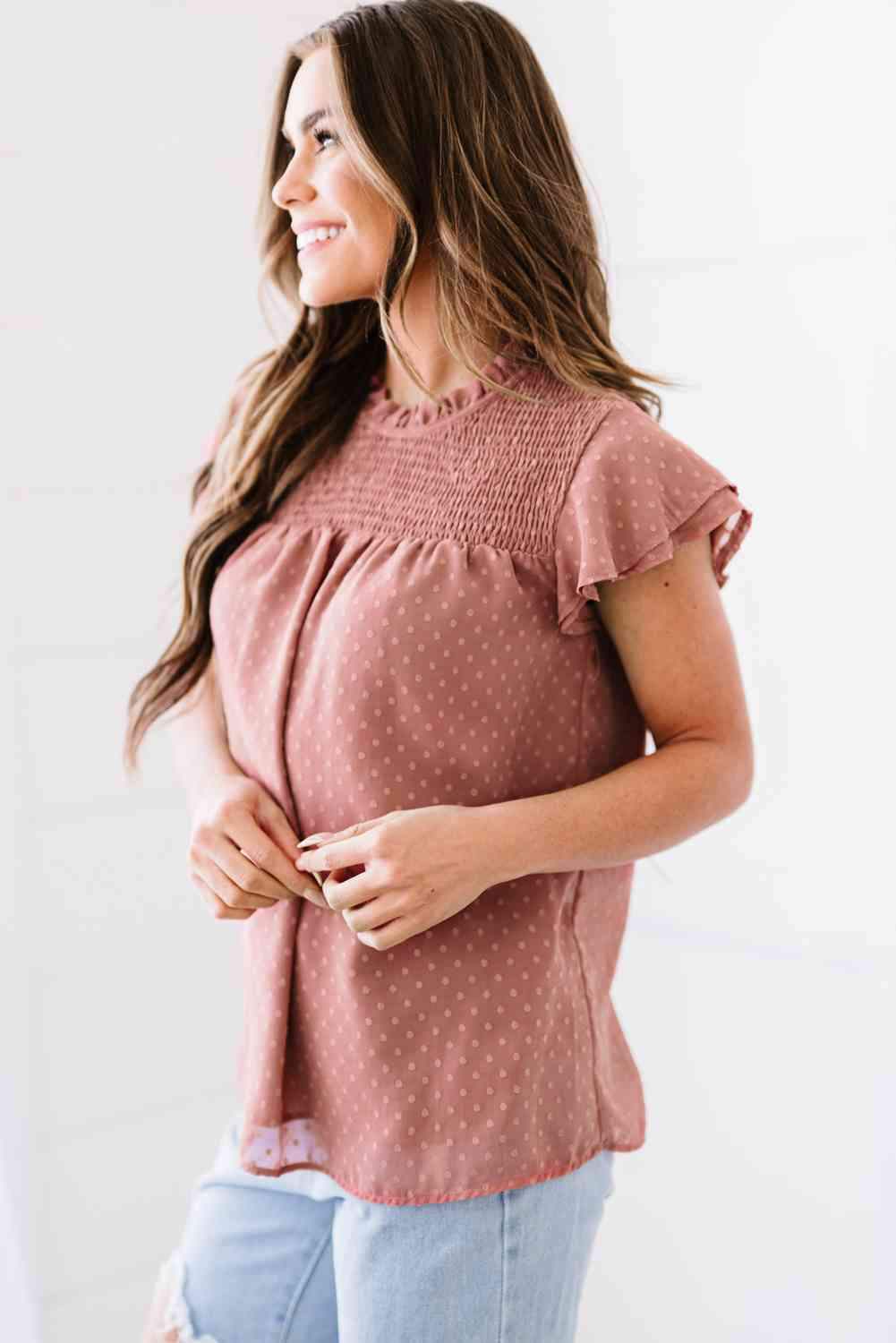 Polka Dot Smocked Flutter Sleeve Blouse Blouses - Tophatter Daily Deals