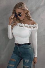 Off-Shoulder Lace Trim Ribbed Tee Blouses - Tophatter Daily Deals