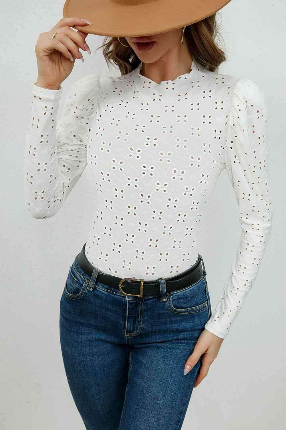 Round Neck Eyelet Long Sleeve Blouse Blouses - Tophatter Daily Deals