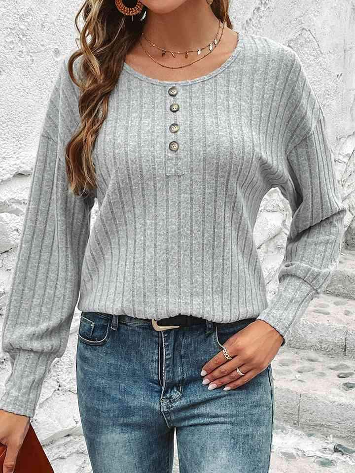 Decorative Button Round Neck Top Heather Gray Women's T-Shirts - Tophatter Daily Deals