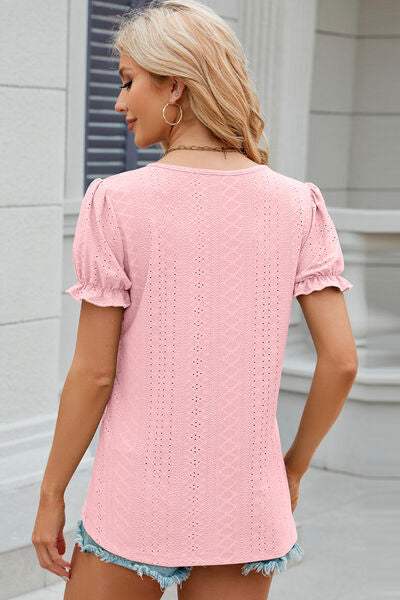 Eyelet Round Neck Flounce Sleeve T-Shirt Women's T-Shirts - Tophatter Daily Deals