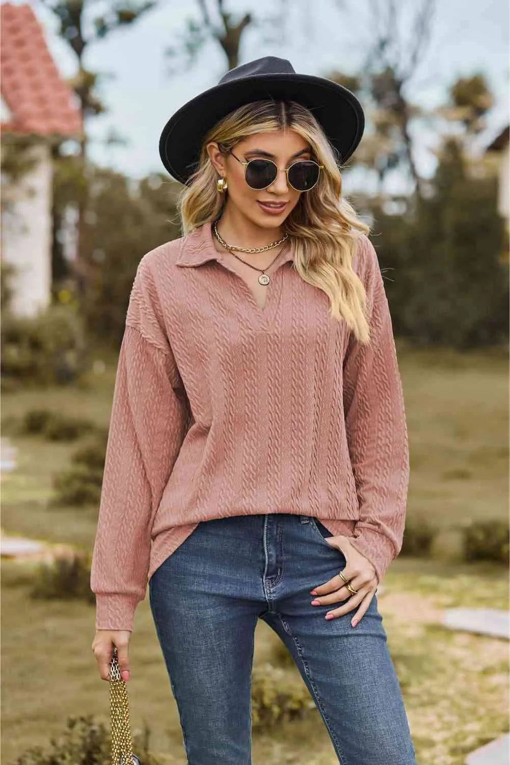 Collared Neck Cable-Knit Long Sleeve Blouse Dusty Pink Blouses - Tophatter Daily Deals