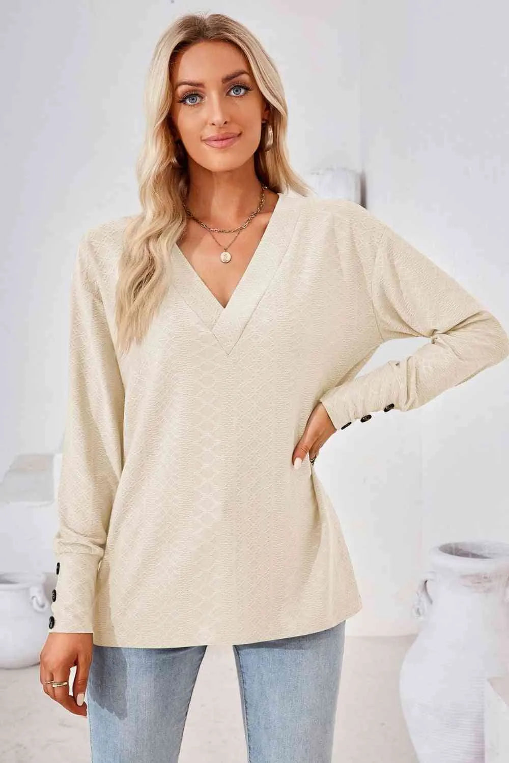 V-Neck Long Sleeve Blouse Blouses - Tophatter Daily Deals