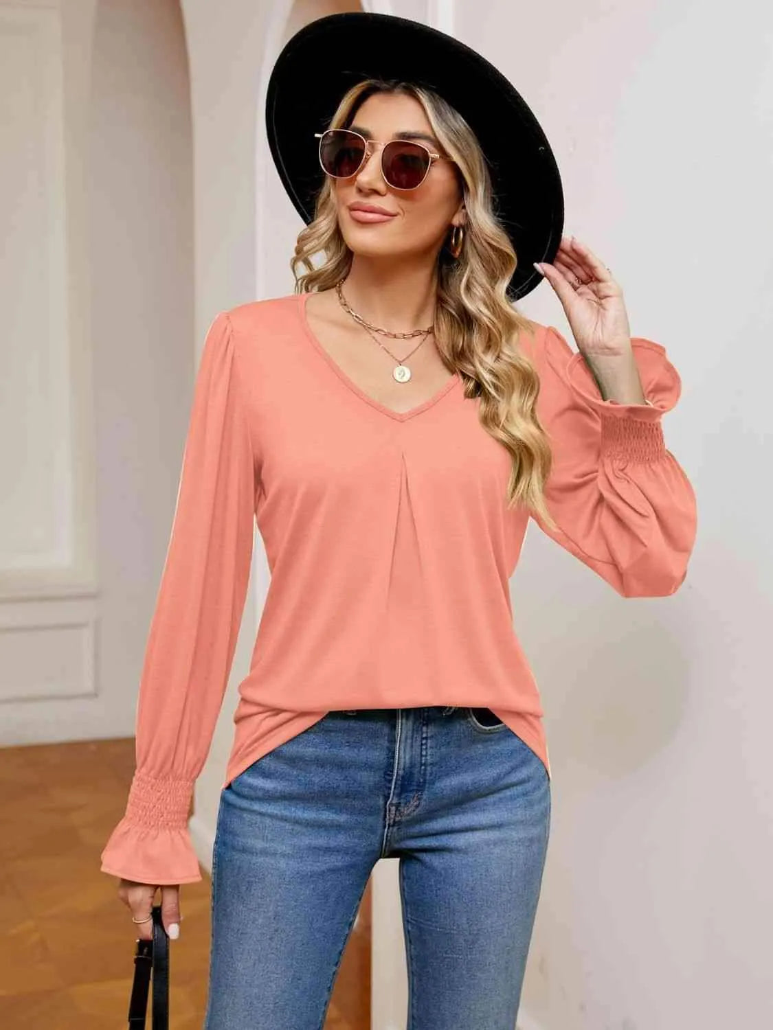 V-Neck Flounce Sleeve Blouse Burnt Coral Blouses - Tophatter Daily Deals