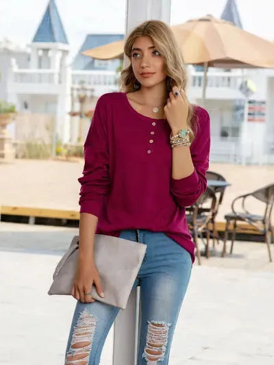 Quarter Button Round Neck Dropped Shoulder T-Shirt Women's T-Shirts - Tophatter Daily Deals