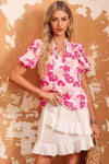 Floral Tie Neck Ruffle Shoulder Blouse Blouses - Tophatter Daily Deals