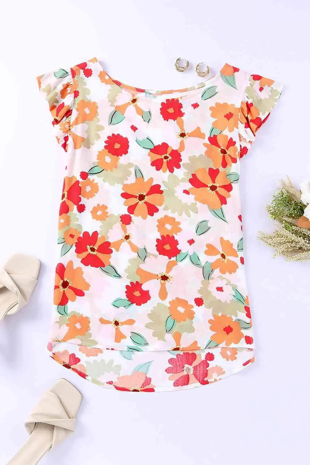 Floral Flutter Sleeve Round Neck Blouse Blouses - Tophatter Daily Deals