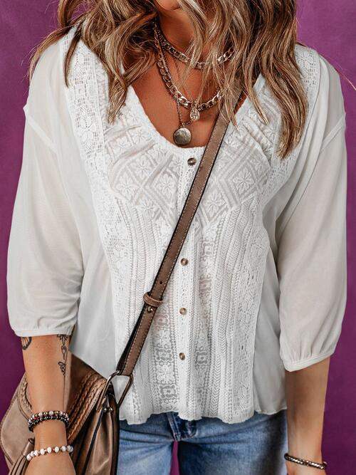 Lace Detail Round Neck Blouse White Blouses - Tophatter Daily Deals