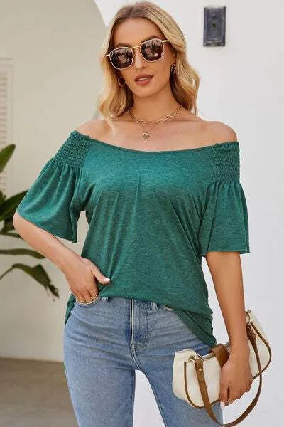 Smocked Round Neck Flutter Sleeve T-Shirt Green Women's T-Shirts - Tophatter Daily Deals