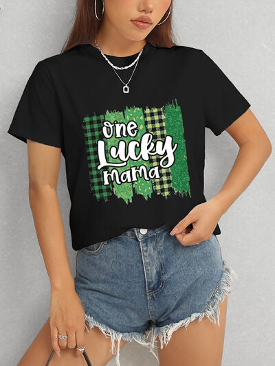 ONE LUCKY MAMA Round Neck T-Shirt Women's T-Shirts - Tophatter Daily Deals