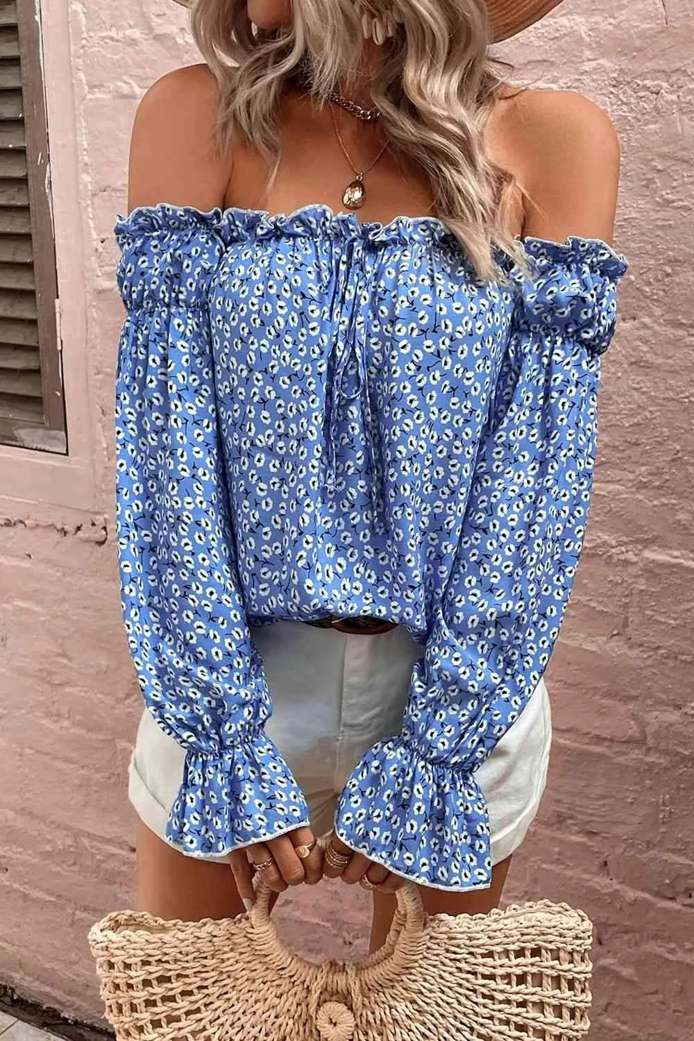 Off Shoulder Printed Frill Trim Blouse Blouses - Tophatter Daily Deals