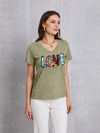 Letter Graphic V-Neck Short Sleeve T-Shirt Sage Women's T-Shirts - Tophatter Daily Deals