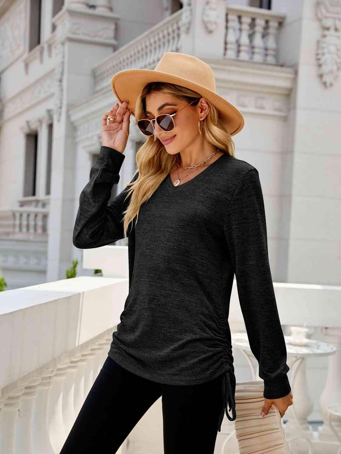 Drawstring V-Neck Long Sleeve T-Shirt Women's T-Shirts - Tophatter Daily Deals