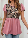 Leopard Round Neck Flutter Sleeve Babydoll Blouse Dusty Pink Blouses - Tophatter Daily Deals