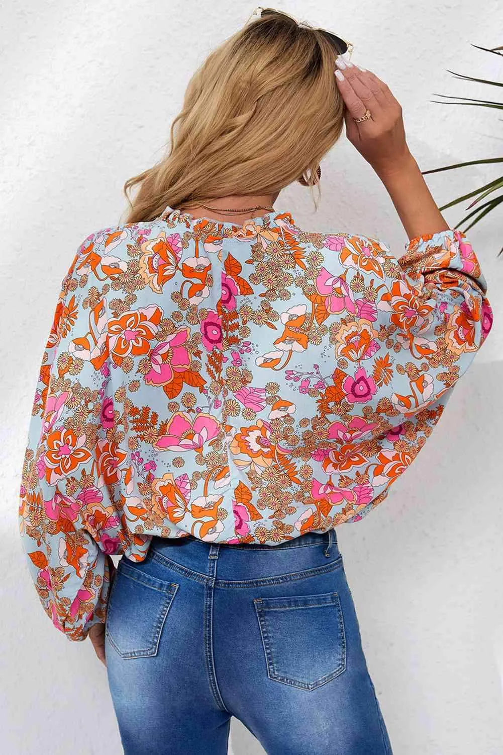 Floral Frill Trim Balloon Sleeve Blouse Blouses - Tophatter Daily Deals