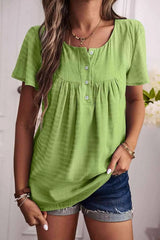Quarter-Button Round Neck Short Sleeve Top Matcha Green Blouses - Tophatter Daily Deals