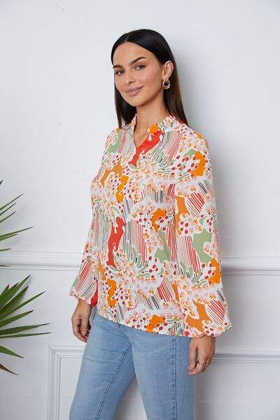 Floral Frill Notched Long Sleeve Blouse Blouses - Tophatter Daily Deals