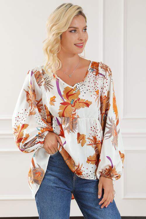 Printed V-Neck Smocked Balloon Sleeve Blouse Blouses - Tophatter Daily Deals