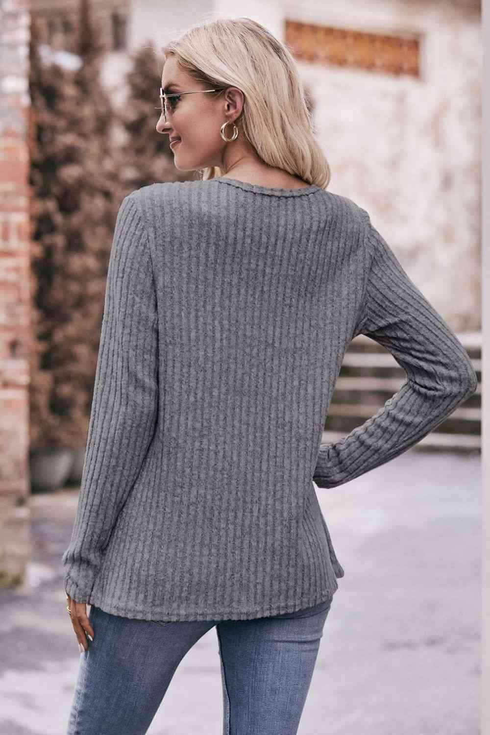 Double Take Ribbed Round Neck Buttoned Long Sleeve Tee Women's T-Shirts - Tophatter Daily Deals