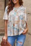 Printed Round Neck Short Sleeve Blouse Ivory Blouses - Tophatter Daily Deals