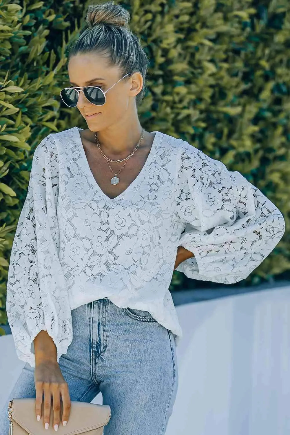 Lace Balloon Sleeve V-Neck Tunic Blouse Blouses - Tophatter Daily Deals