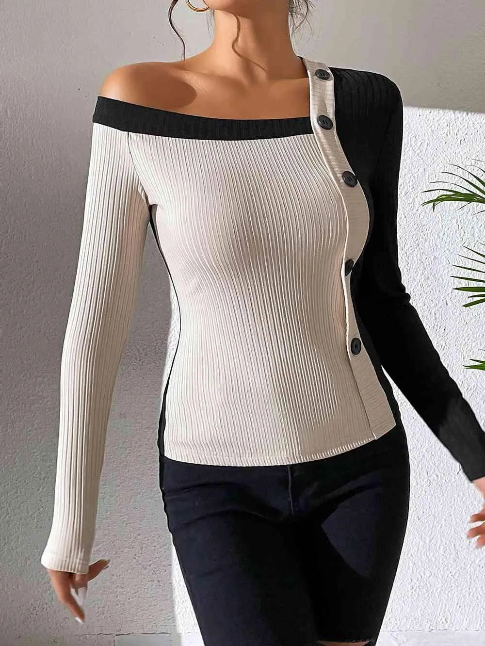 Asymmetrical One Shoulder Contrast Color Buttoned Blouse Blouses - Tophatter Daily Deals