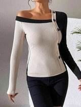 Asymmetrical One Shoulder Contrast Color Buttoned Blouse Blouses - Tophatter Daily Deals