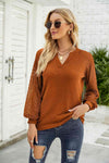 Waffle-Knit Spliced Lace Notched Top Caramel Blouses - Tophatter Daily Deals