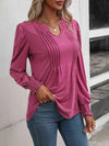 Ruched Notched Neck Puff Sleeve Smocked Wrist Blouse Blouses - Tophatter Daily Deals