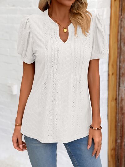 Eyelet Notched Puff Sleeve T-Shirt Women's T-Shirts - Tophatter Daily Deals