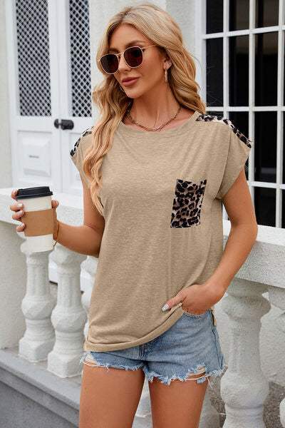 Leopard Round Neck Cap Sleeve T-Shirt Tan Women's T-Shirts - Tophatter Daily Deals