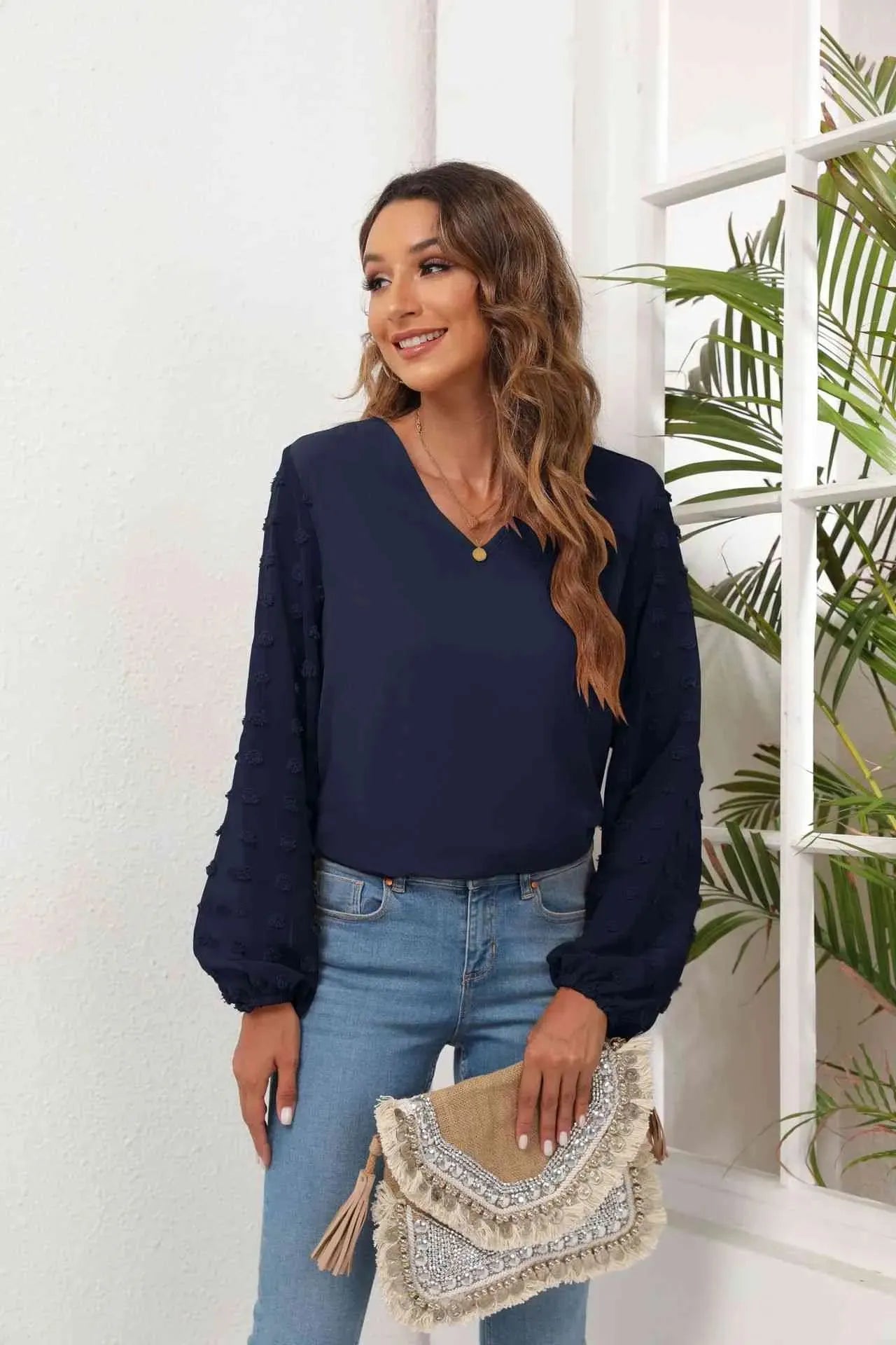 Swiss Dot Balloon Sleeve Blouse Dark Navy Women's T-Shirts - Tophatter Daily Deals