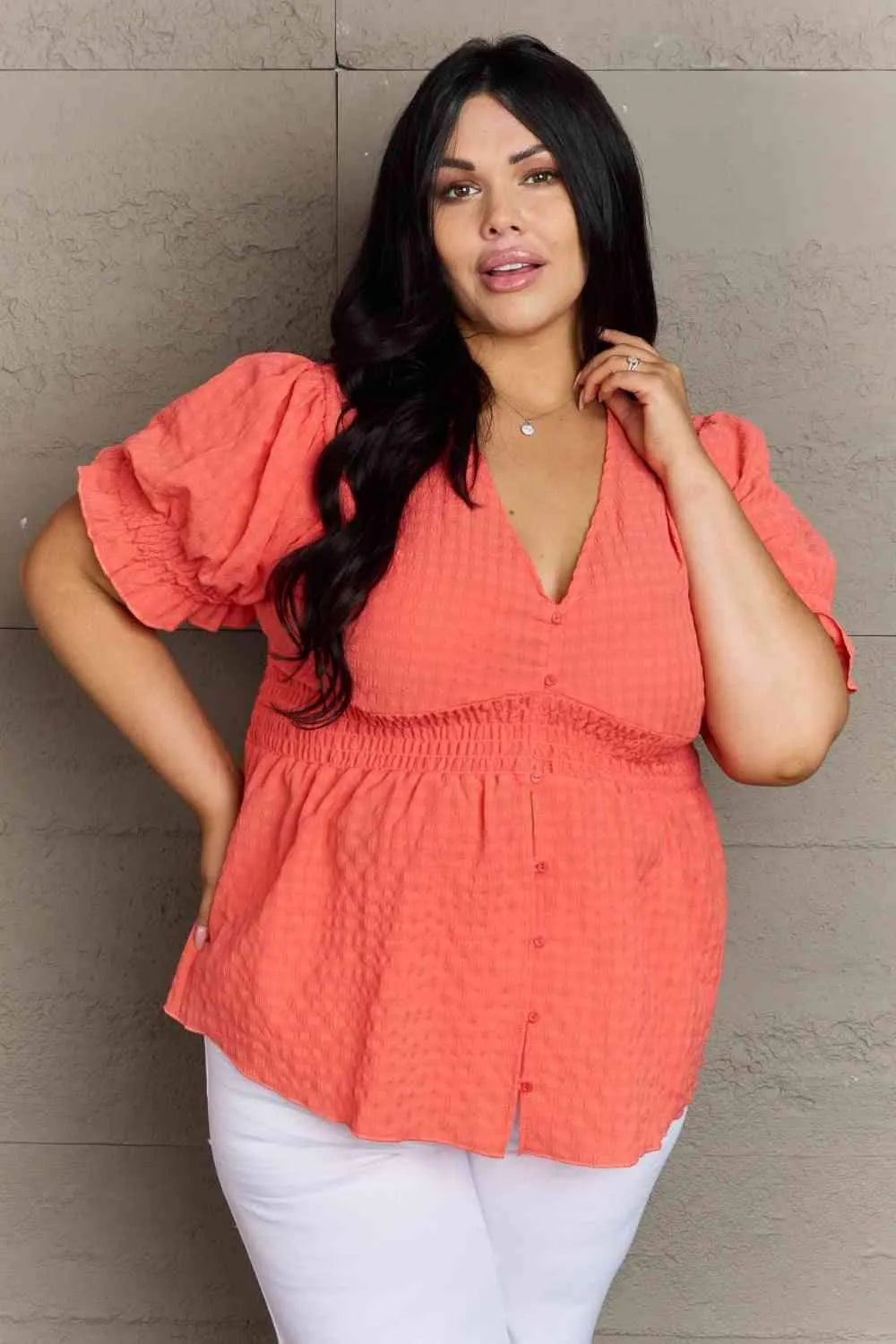 Culture Code Whimsical Wonders Full Size V-Neck Puff Sleeve Button Down Top Blouses - Tophatter Daily Deals