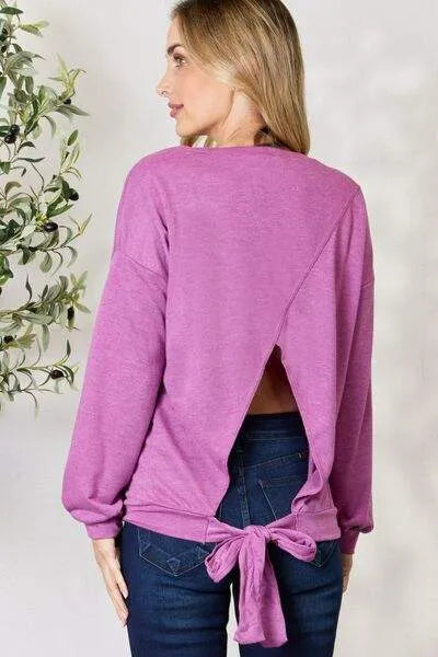 BiBi Tie Back Drop Shoulder Long Sleeve Top Blouses - Tophatter Daily Deals