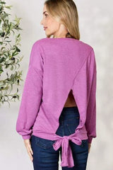 BiBi Tie Back Drop Shoulder Long Sleeve Top Blouses - Tophatter Daily Deals