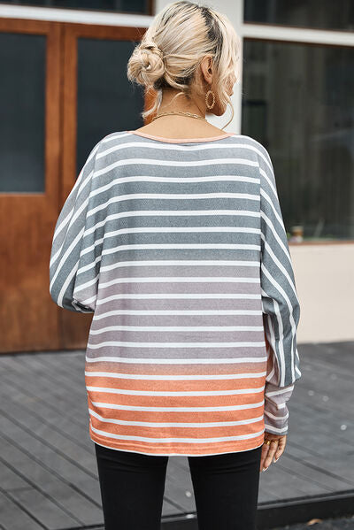 Pocketed Striped Round Neck Batwing Sleeve T-Shirt Women's T-Shirts - Tophatter Daily Deals