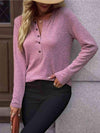 Round Neck Buttoned Long Sleeve T-Shirt Blush Pink Women's T-Shirts - Tophatter Daily Deals