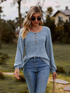 Round Neck Button-Down Long Sleeve Tee Misty Blue Women's T-Shirts - Tophatter Daily Deals