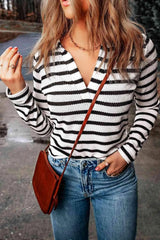Double Take Striped Johnny Collar Long Sleeve Knit Top Blouses - Tophatter Daily Deals