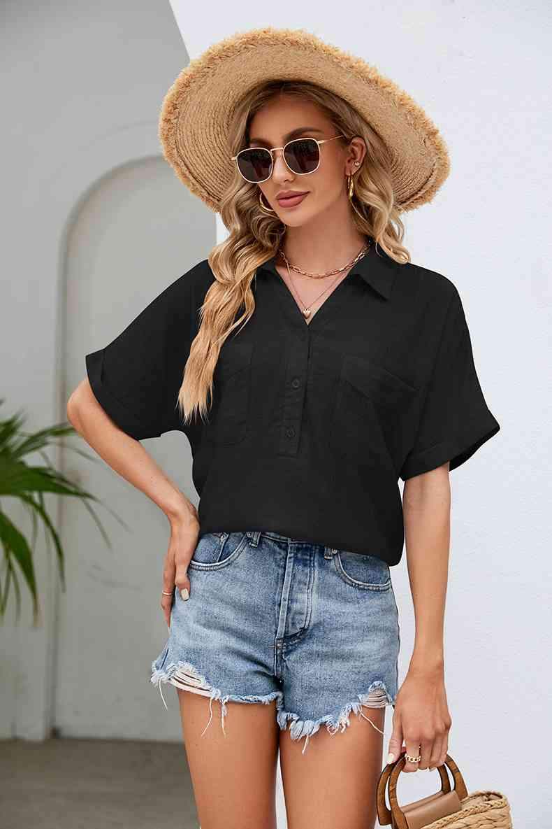 Half Button Johnny Collar Blouse Blouses - Tophatter Daily Deals