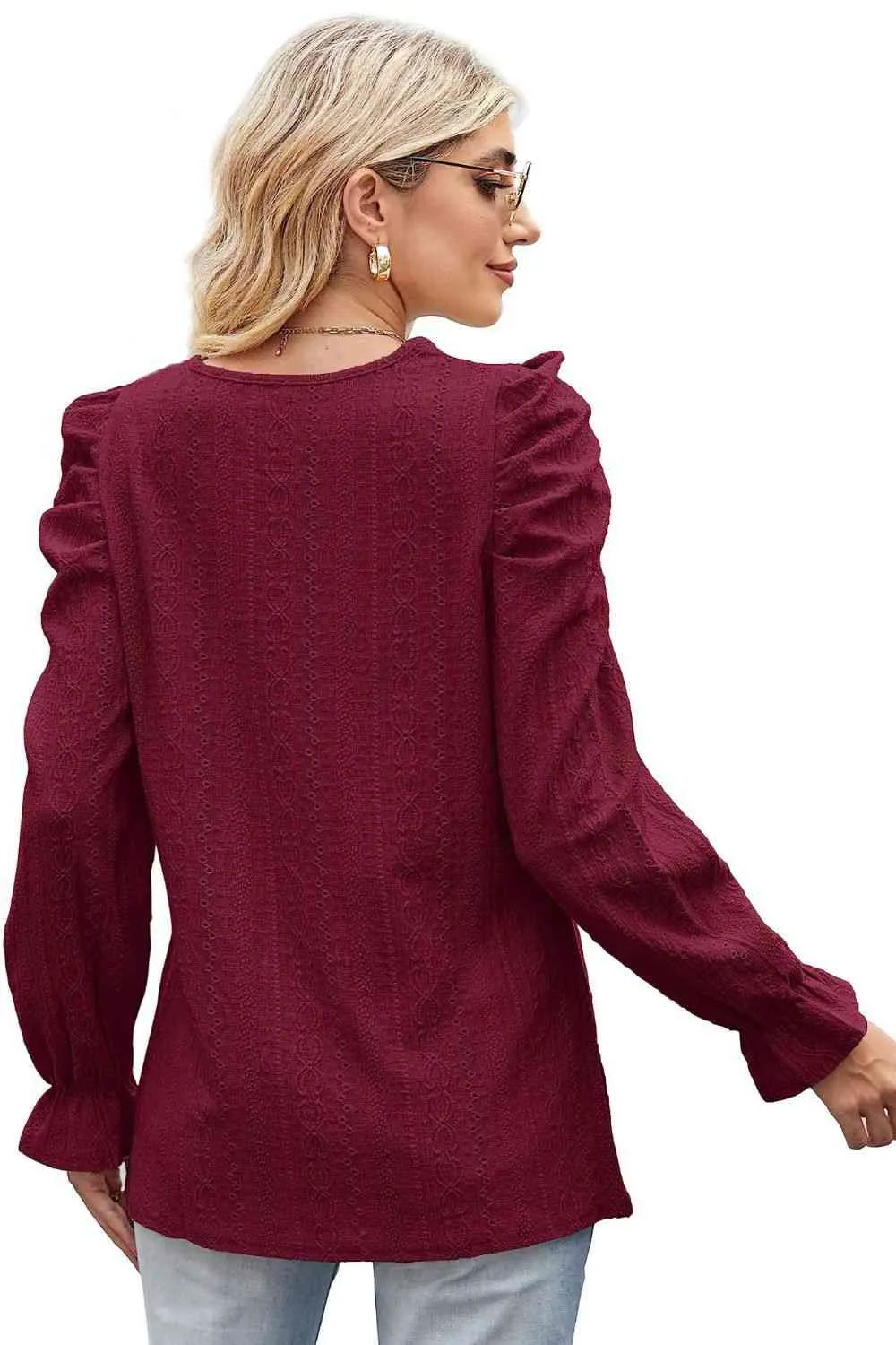 Round Neck Puff Sleeve Blouse Blouses - Tophatter Daily Deals