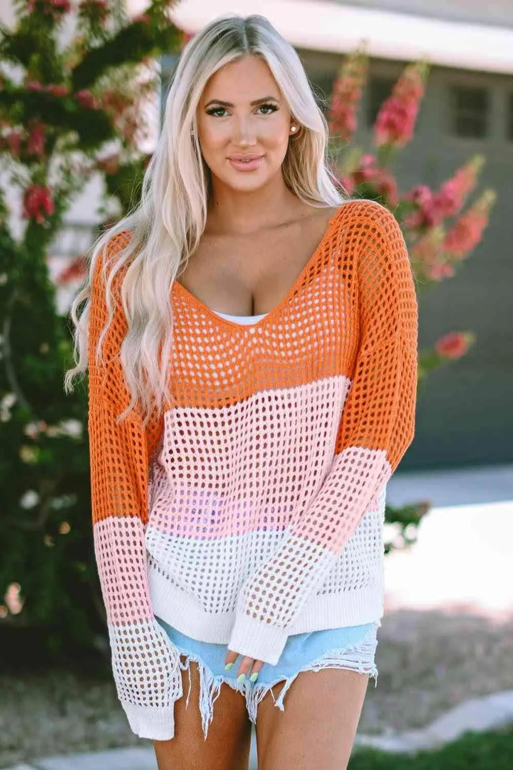 Openwork V-Neck Dropped Shoulder Blouse Pumpkin Blouses - Tophatter Daily Deals