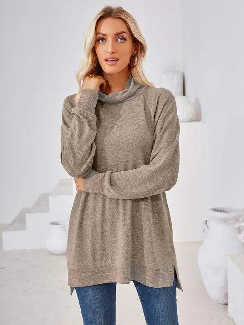 Contrast Mock Neck Long Sleeve T-Shirt Women's T-Shirts - Tophatter Daily Deals