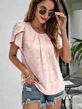 Swiss Dot Round Neck Petal Sleeve Top Blouses - Tophatter Daily Deals