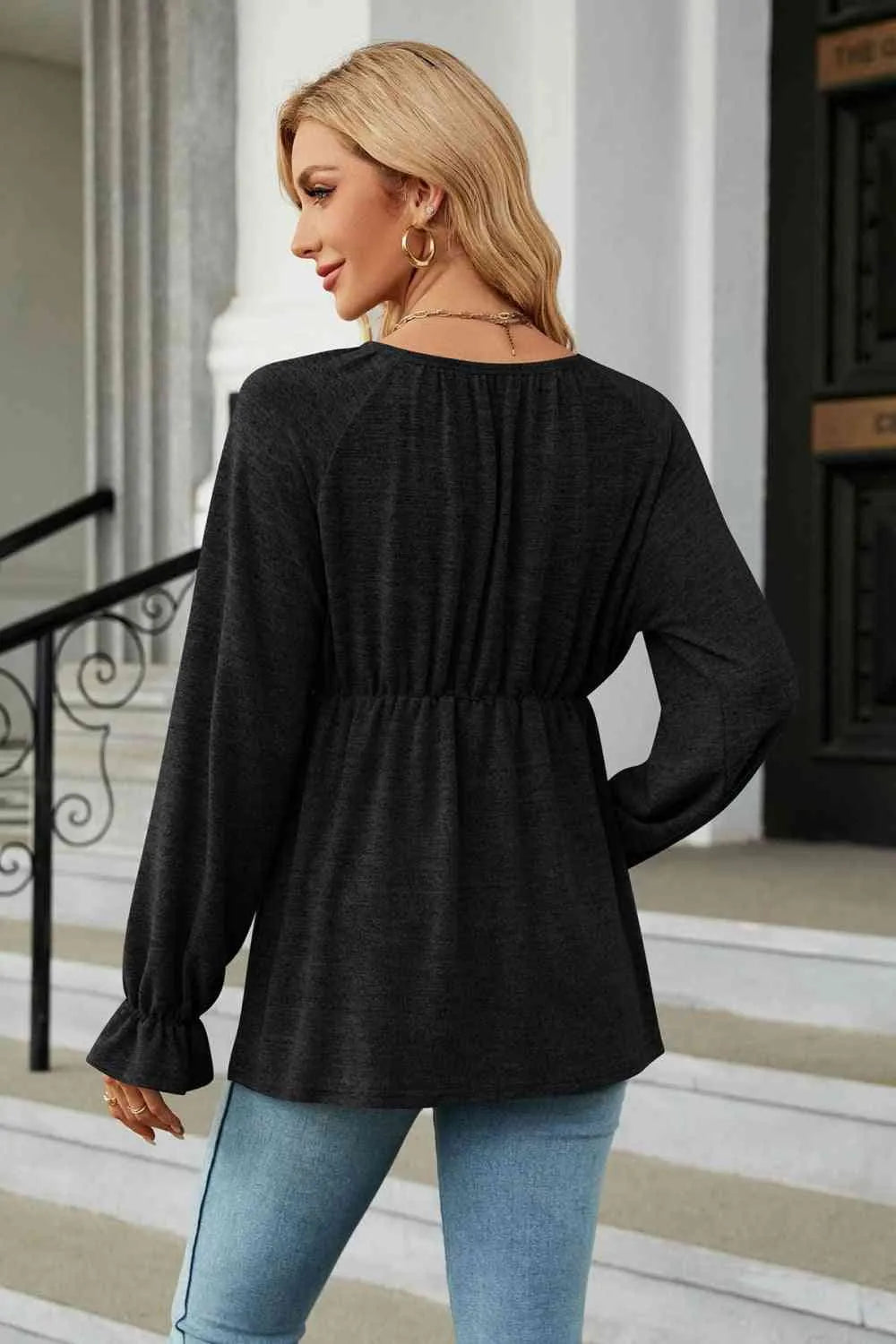 Round Neck Flounce Sleeve Blouse Blouses - Tophatter Daily Deals