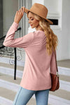 Notched Neck Long Sleeve Buttoned Blouse Blouses - Tophatter Daily Deals