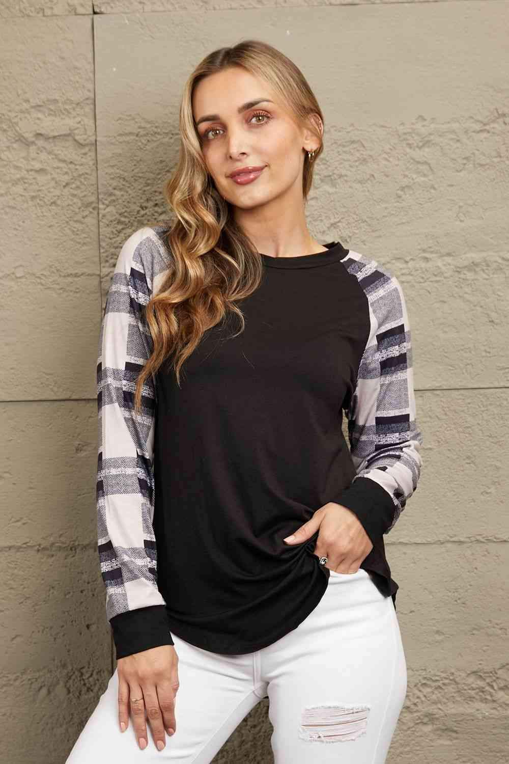 Double Take Color Block Curved Hem Long Sleeve Tee Charcoal Women's T-Shirts - Tophatter Daily Deals