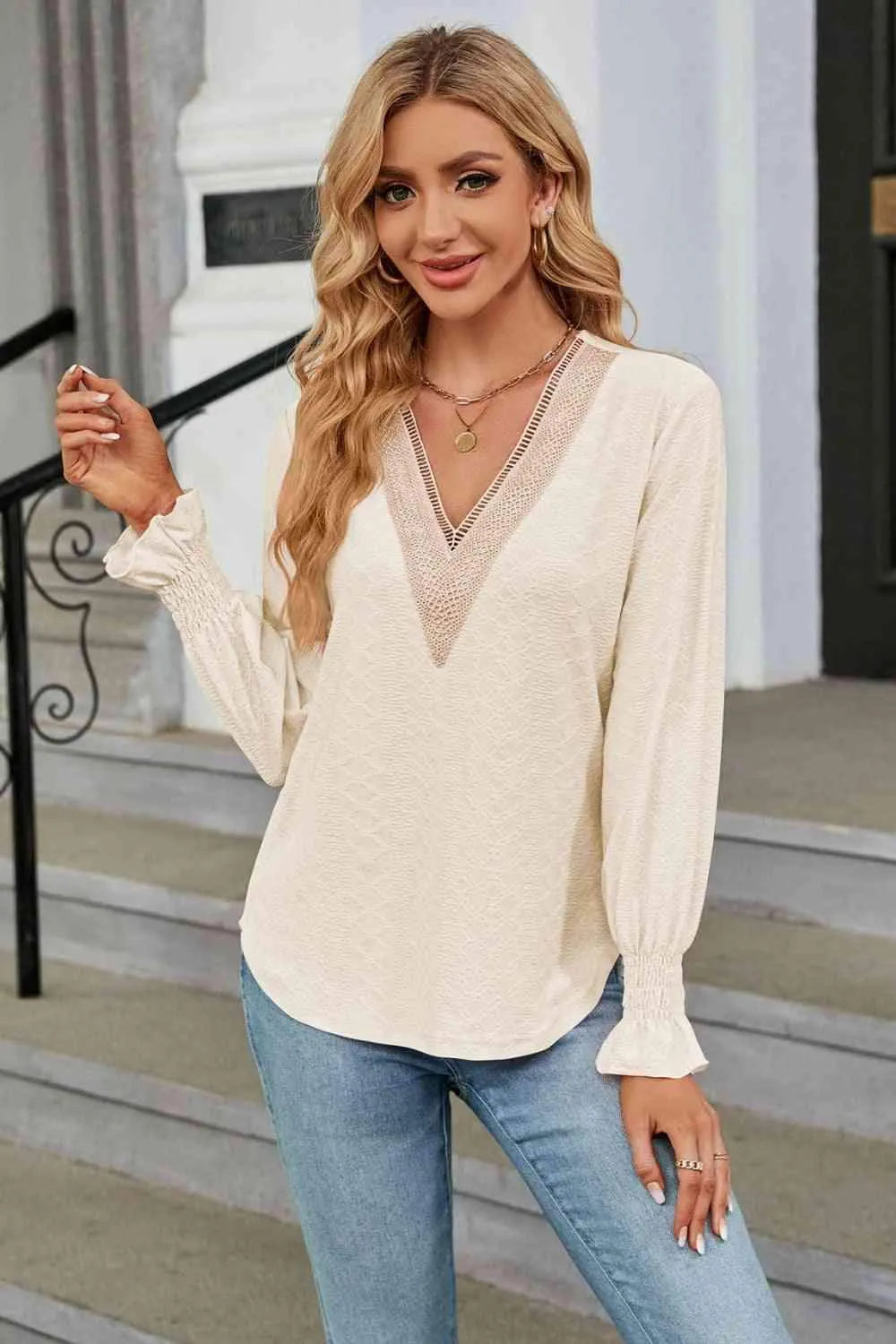 V-Neck Flounce Sleeve Blouse Cream Blouses - Tophatter Daily Deals