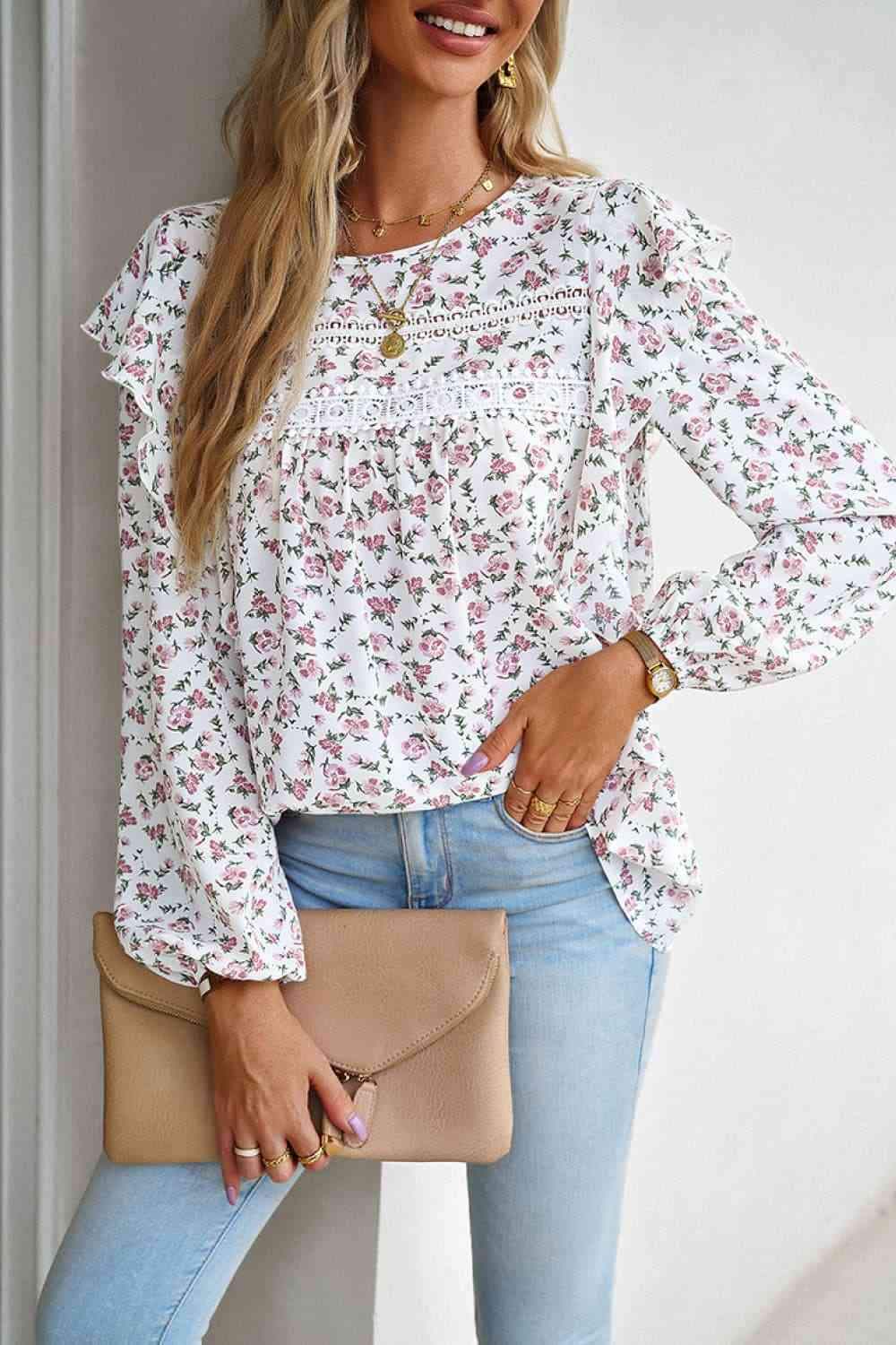 Printed Round Neck Long Sleeve Blouse Blouses - Tophatter Daily Deals