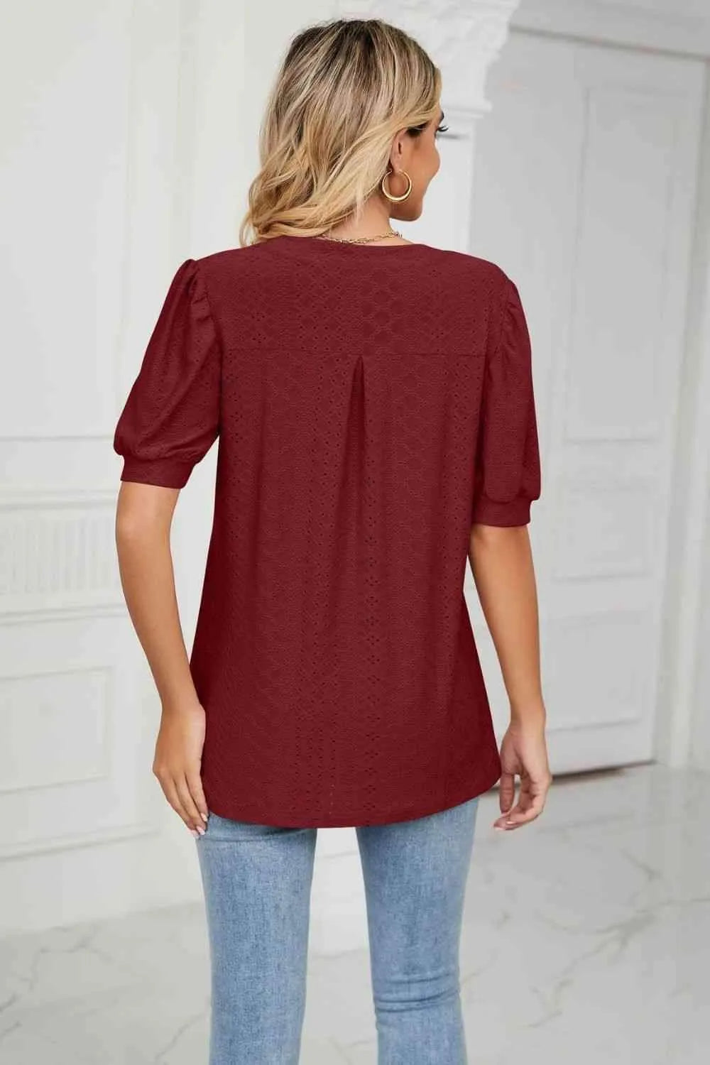 Eyelet Short Puff Sleeve Notched Neck Top Blouses - Tophatter Daily Deals